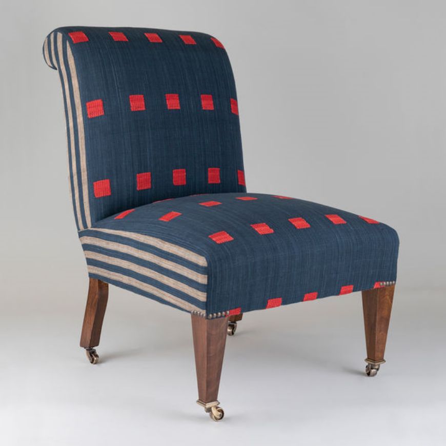 Picture of JOSEPH SLIPPER CHAIR, STRAIGHT LEG, TRIBAL COLLECTION, RED SQUARES, INDIGO ANTIQUE LINEN BACK